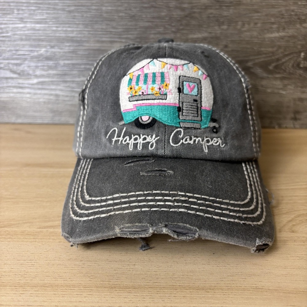 Happy Camper Hat Cap Strap Back Distressed Embroidered Camper Womens KBETHOS